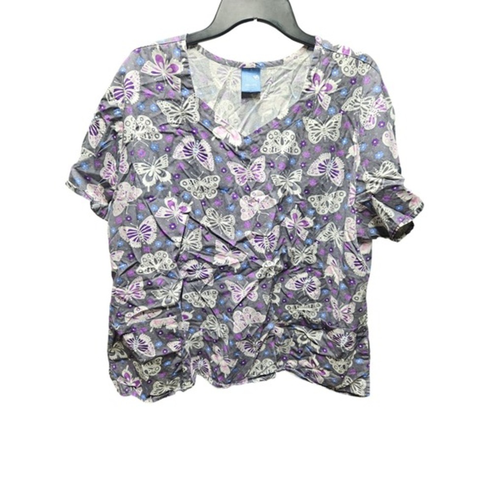 Zoe+Chloe‎ 2XL Butterfly Print Scrub Top Purple Blue White Short Sleeve